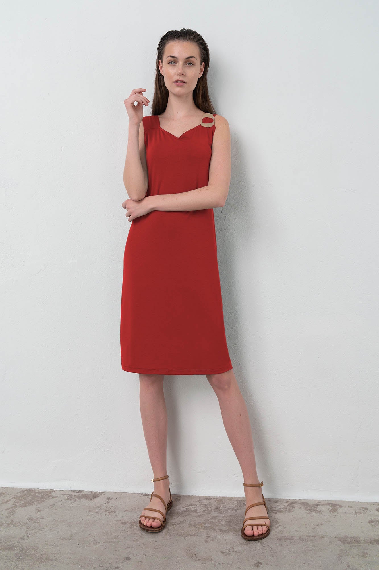 Vamp - Μονόχρωμο Αμάνικο Φόρεμα 16921 RED TERRACOTA
